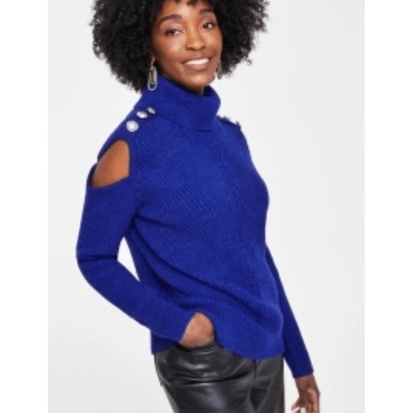 INC International Concepts Cold Shoulder Turtleneck Sweater Button Detail Size M - Picture 1 of 8